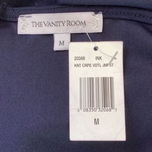 THE VANITY ROOM NWT CREPE V DETAIL JUMPSUIT INK BLUE MEDIUM CROP LENGTH - Picture 13 of 13
